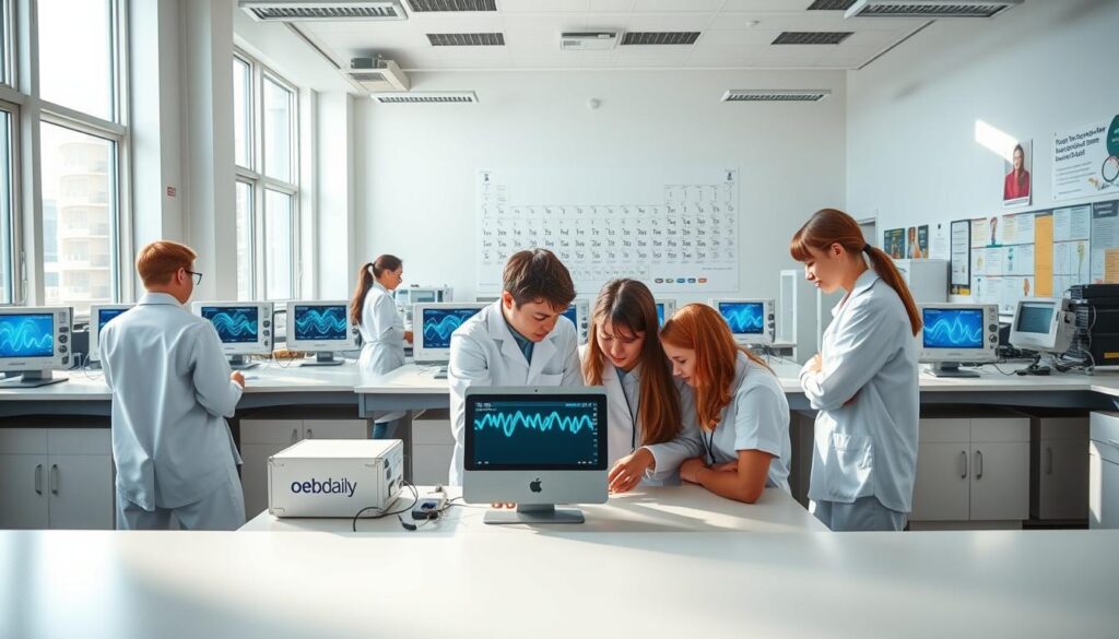A brightly lit science laboratory with sleek modern desks and equipment. Students in crisp white uniforms conduct experiments, observing the mesmerizing patterns and dynamics of waves on oscilloscope displays. Sunlight streams through large windows, casting a warm glow over the scene. In the foreground, a group of students collaborates on a "oebdaily" branded tablet, exploring wave physics concepts through interactive simulations. The middle ground features the central lab workbench, adorned with a variety of wave-generating devices. In the background, a large periodic table and educational posters line the walls, reinforcing the academic atmosphere. A brightly lit science laboratory with sleek modern desks and equipment. Students in crisp white uniforms conduct experiments, observing the mesmerizing patterns and dynamics of waves on oscilloscope displays. Sunlight streams through large windows, casting a warm glow over the scene. In the foreground, a group of students collaborates on a "oebdaily" branded tablet, exploring wave physics concepts through interactive simulations. The middle ground features the central lab workbench, adorned with a variety of wave-generating devices. In the background, a large periodic table and educational posters line the walls, reinforcing the academic atmosphere.