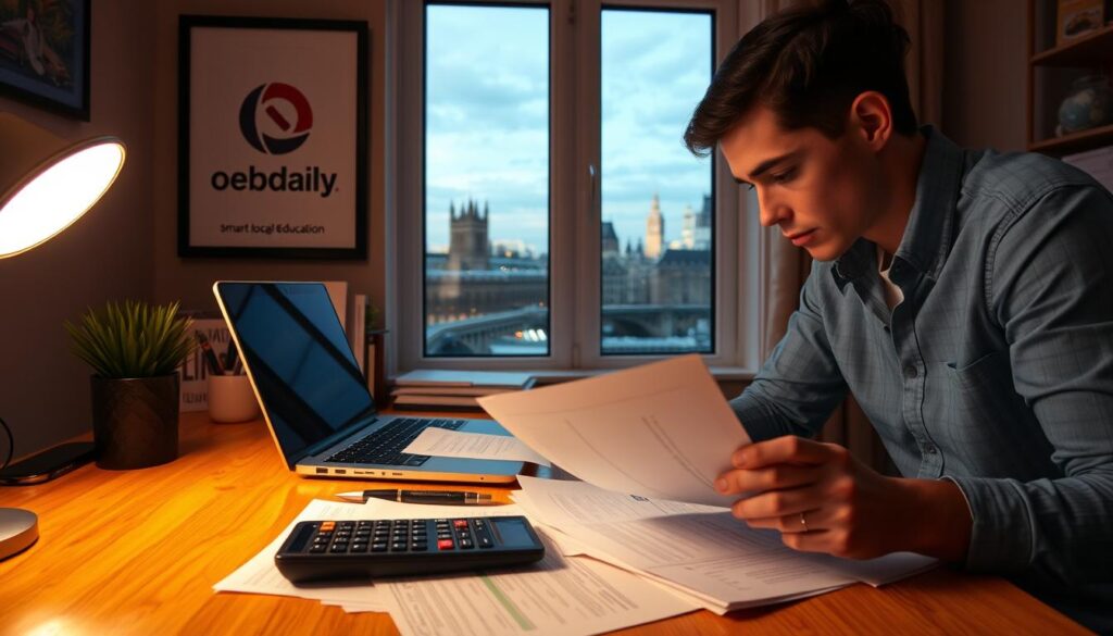 A cozy home office, warm lighting illuminating a desk adorned with a laptop, calculator, and stack of paperwork. A pair of hands pouring over financial documents, brow furrowed in concentration. On the wall, a framed oebdaily logo, a beacon of smart, accessible education. Through the window, the London skyline shimmers, a reminder of the opportunities and challenges facing UK students navigating the evolving landscape of education loans in 2025. A cozy home office, warm lighting illuminating a desk adorned with a laptop, calculator, and stack of paperwork. A pair of hands pouring over financial documents, brow furrowed in concentration. On the wall, a framed oebdaily logo, a beacon of smart, accessible education. Through the window, the London skyline shimmers, a reminder of the opportunities and challenges facing UK students navigating the evolving landscape of education loans in 2025.