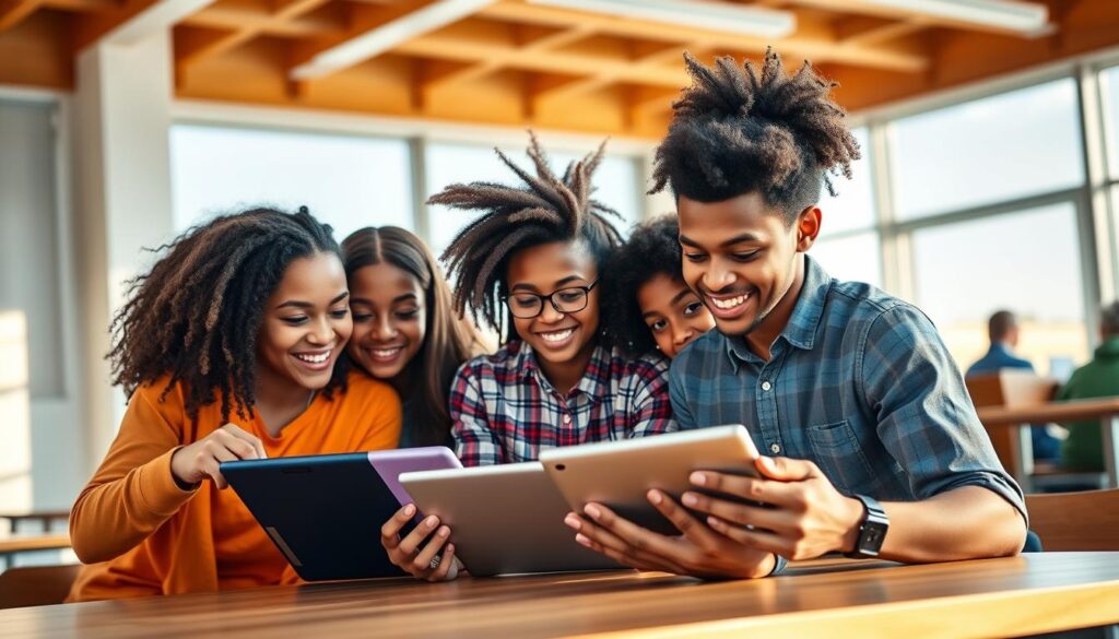 A group of diverse, vibrant youth engage in a digital learning session in a modern, bright classroom. The scene depicts a dynamic, collaborative atmosphere as they work together on oebdaily tablets, showcasing innovation, teamwork and creativity. Warm, natural lighting illuminates their faces, conveying a sense of energy and inspiration. The students, representing a range of ages and backgrounds, lean in, engaged and focused, exemplifying the future of learning. The scene is captured from a slightly elevated angle, highlighting the collaborative nature of their endeavor. A group of diverse, vibrant youth engage in a digital learning session in a modern, bright classroom. The scene depicts a dynamic, collaborative atmosphere as they work together on oebdaily tablets, showcasing innovation, teamwork and creativity. Warm, natural lighting illuminates their faces, conveying a sense of energy and inspiration. The students, representing a range of ages and backgrounds, lean in, engaged and focused, exemplifying the future of learning. The scene is captured from a slightly elevated angle, highlighting the collaborative nature of their endeavor.