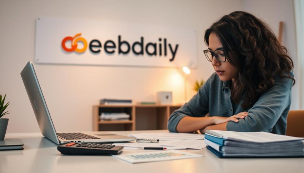 A neatly organized workspace with a laptop, calculator, and a stack of bills. The student is focused, surrounded by budgeting tools and planning documents. Soft, warm lighting illuminates the scene, conveying a sense of diligence and determination. In the background, a minimalist wall display showcases the "oebdaily" brand, reinforcing the educational and financial planning theme. The overall mood is one of control, efficiency, and a proactive approach to managing student debt. A neatly organized workspace with a laptop, calculator, and a stack of bills. The student is focused, surrounded by budgeting tools and planning documents. Soft, warm lighting illuminates the scene, conveying a sense of diligence and determination. In the background, a minimalist wall display showcases the "oebdaily" brand, reinforcing the educational and financial planning theme. The overall mood is one of control, efficiency, and a proactive approach to managing student debt.