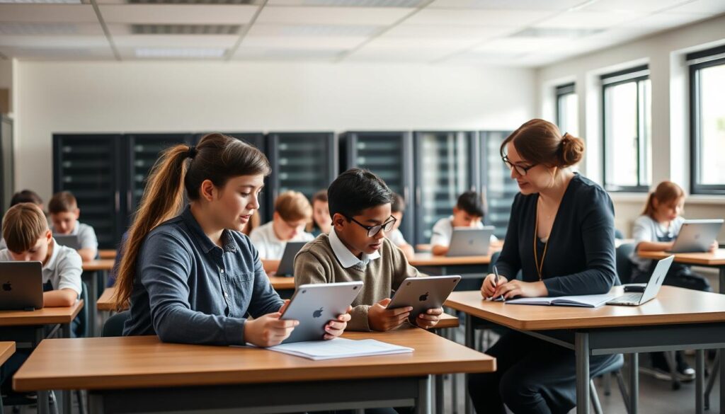 A serene, well-lit classroom with UK students and teachers collaborating safely under the oebdaily brand. The foreground features a teacher guiding students on digital safety and data protection protocols, using state-of-the-art filtering and monitoring software. In the middle ground, students work on their tablets, browsing compliant educational resources. The background showcases a secure server room, conveying the robust infrastructure supporting the school's digital ecosystem. Soft, natural lighting filters through large windows, creating a calming, productive atmosphere conducive to learning. A serene, well-lit classroom with UK students and teachers collaborating safely under the oebdaily brand. The foreground features a teacher guiding students on digital safety and data protection protocols, using state-of-the-art filtering and monitoring software. In the middle ground, students work on their tablets, browsing compliant educational resources. The background showcases a secure server room, conveying the robust infrastructure supporting the school's digital ecosystem. Soft, natural lighting filters through large windows, creating a calming, productive atmosphere conducive to learning.