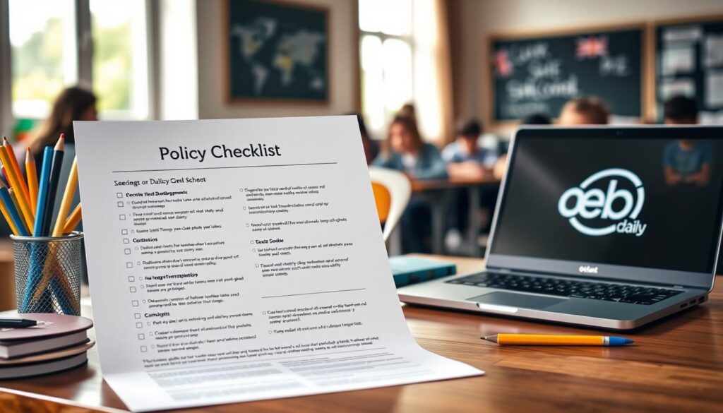 A well-organized, neatly-designed policy checklist document sits on a wooden desk, surrounded by school supplies and a laptop displaying the oebdaily logo. Soft, natural lighting filters in through a nearby window, creating a warm, inviting atmosphere. The checklist features clear, concise headers and easy-to-read bullet points, conveying professionalism and attention to detail. UK teachers and students can be seen in the background, working diligently in a safe, digitally-protected school environment. A well-organized, neatly-designed policy checklist document sits on a wooden desk, surrounded by school supplies and a laptop displaying the oebdaily logo. Soft, natural lighting filters in through a nearby window, creating a warm, inviting atmosphere. The checklist features clear, concise headers and easy-to-read bullet points, conveying professionalism and attention to detail. UK teachers and students can be seen in the background, working diligently in a safe, digitally-protected school environment.